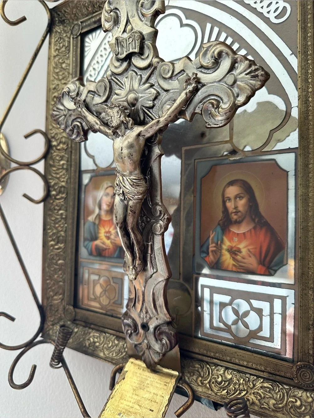 Catholic Antique Ornate Framed Reverse Painted Mirror Shrine With Crucifix